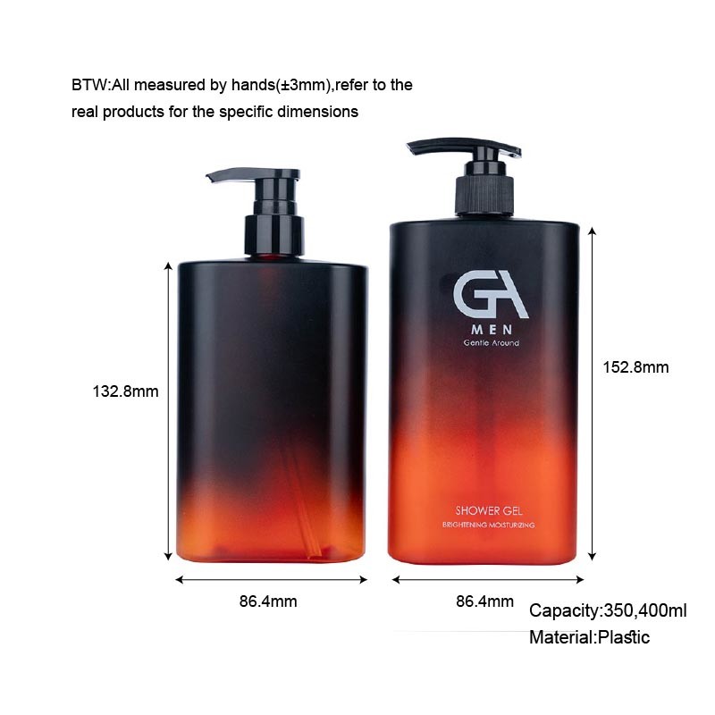 350/400ml Black Red Gradient smooth Rectangle with black pump for Shampoo Lotion Bottle
