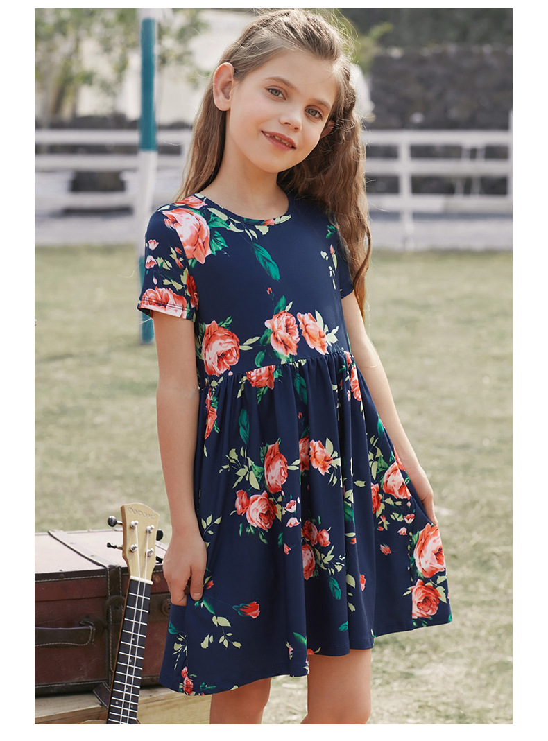 Summer Children's Clothing Solid Color Cotton Printed Short Sleeve Casual Girls Dress