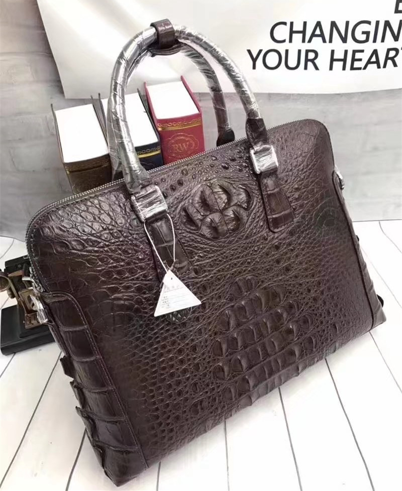 Genuine Crocodile Skin Men's Gray Laptop Briefcase Handbag Authentic Real Alligator Leather Businessmen Working Totes