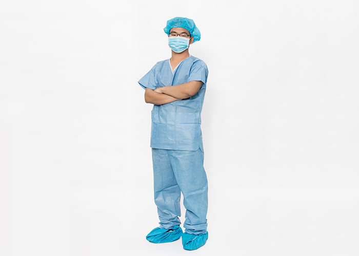 Medical 42g Blue SMS Nonwoven Disposable Scrub Suit