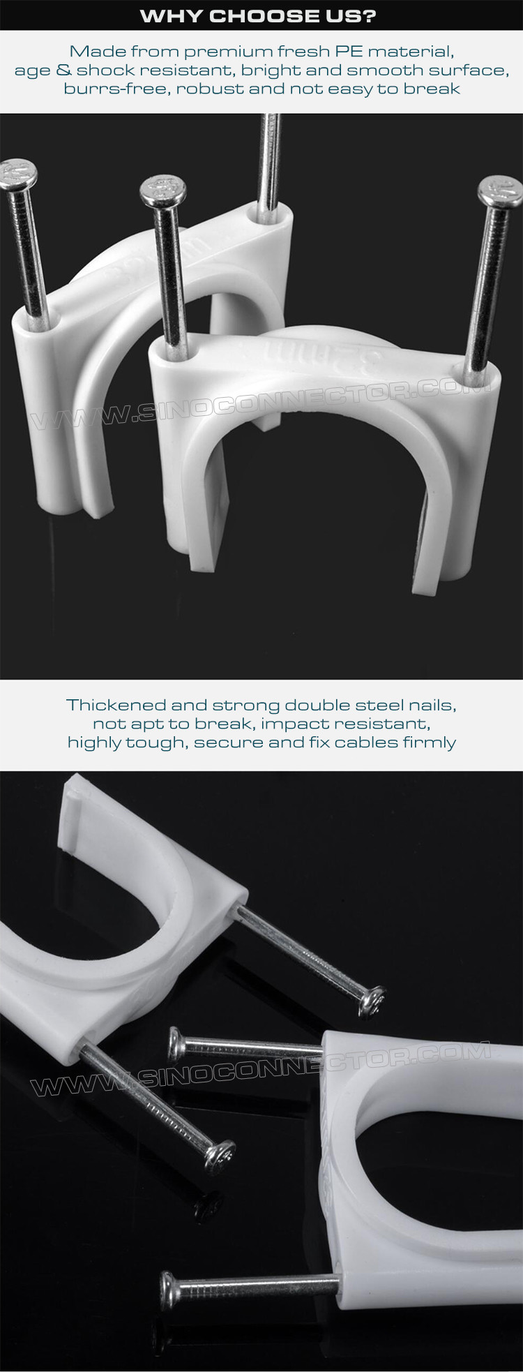 Double Nail Cable Clips (Double Nail Pipe Clips), Round Type, Two Steel Nails, Polyethylene, White/Black, 30mm~50mm, For Large Cables