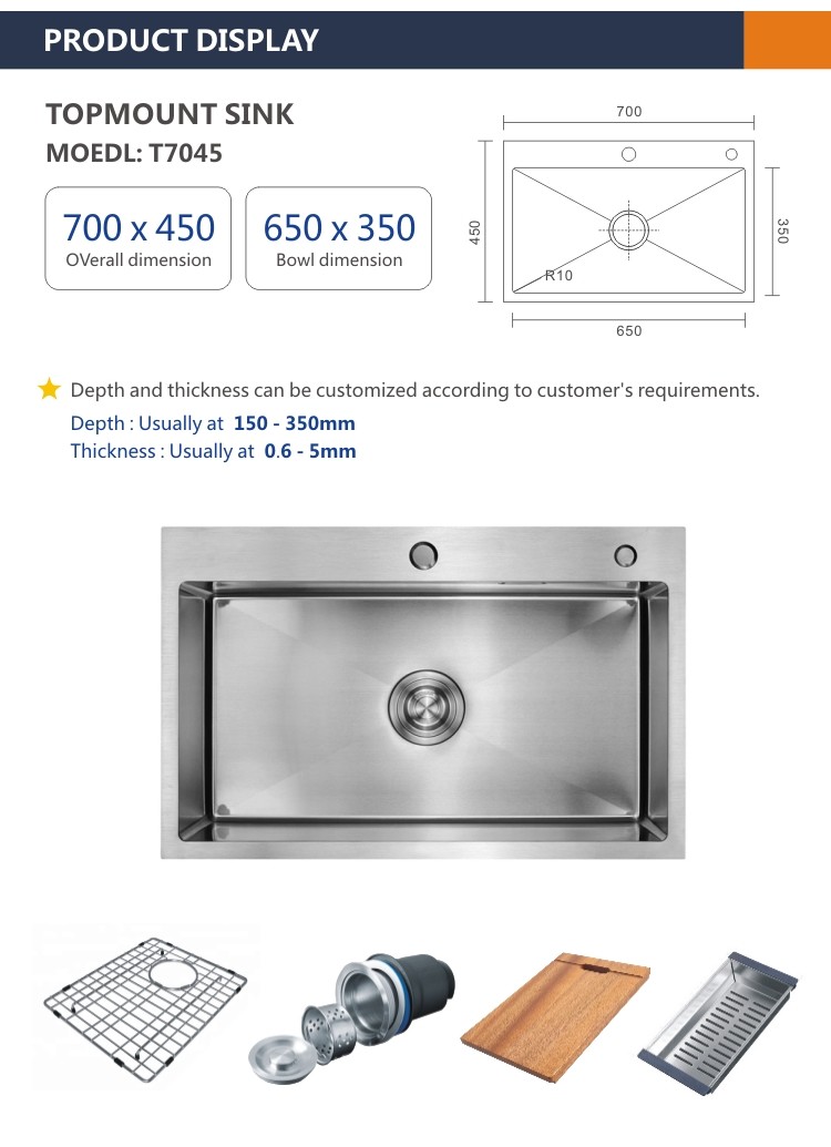 33 Stainless Steel Single Bowl Kitchen Sinks 18 Gauge Top Mount 70x45