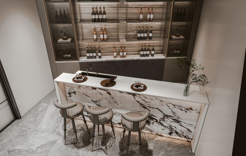 Fadior Wood Grain Stainless Steel Wine Cabinet With High-Low Quartz Design Island
