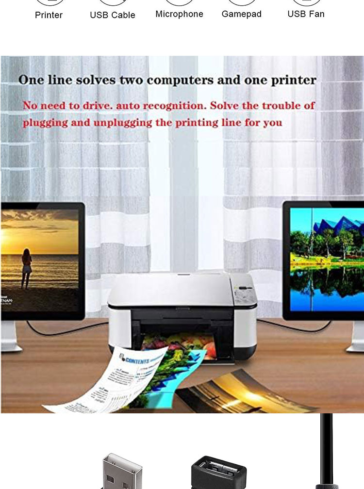 1 Female to 2 Dual Male USB Y Splitter Printer Sharing Switch Cable for Printer Scanner Speaker Keyboard Mouse