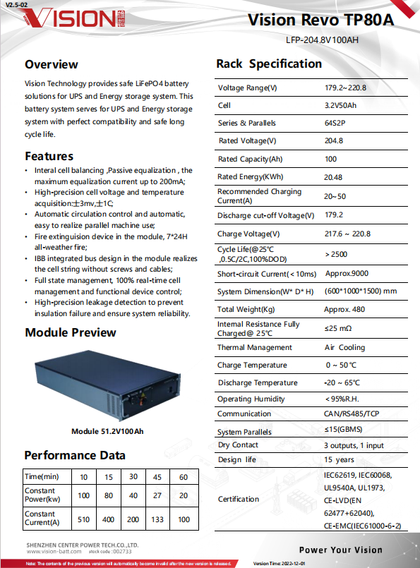 Vision Revo Three-Phase UPS Lithium-ion Battery System TP80A 204.8V100AH UPS BATTERY MODULE