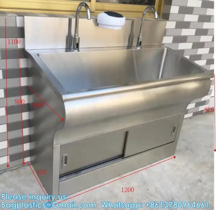 Double Hand Washing Sink Wash Basin With Automatic Sensor Or Pedal Customized 304 Stainless Steel Scrub Sink Induction