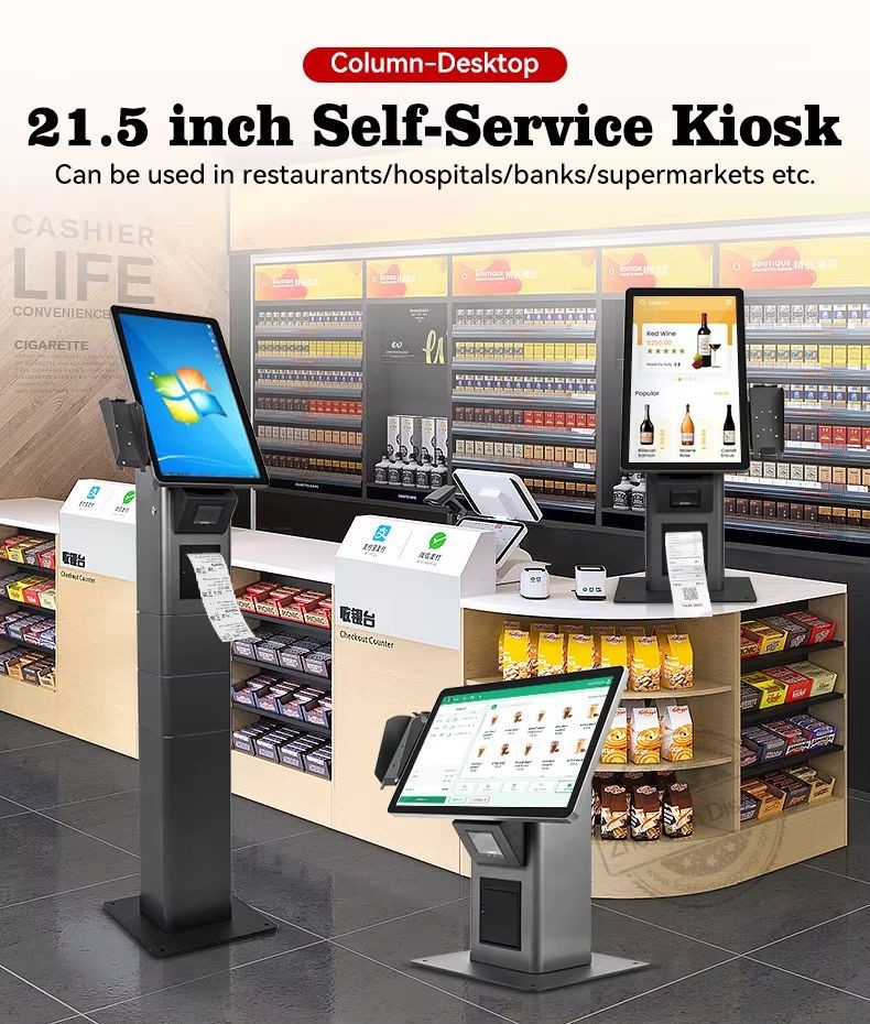 Commercial Standing Android Fast Food Restaurant Touch Screen Kiosk With Pos Barcode Scanner Ticket Printer Options