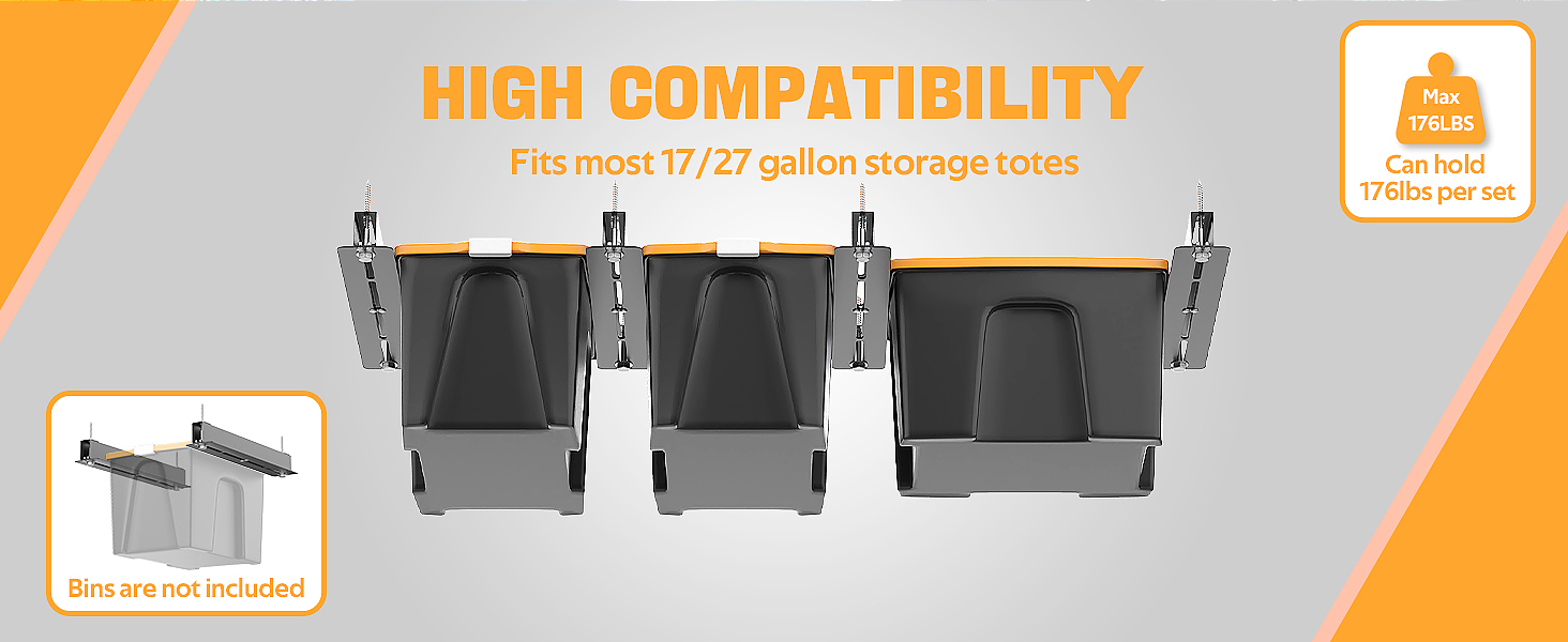 Adjustable Width Overheard Tote Storage Rail System for Garage Ceiling Bin Storage Rack