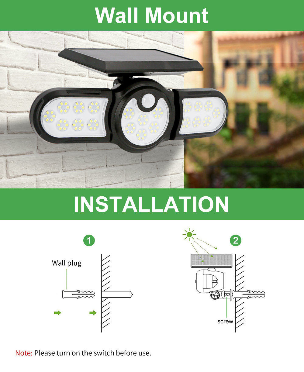 2400mAh 120LED USB Rechargeable Motion Sensor Light Three Head 140COB