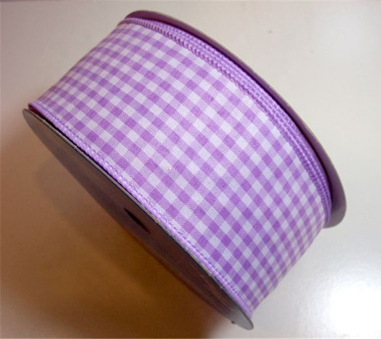 Durable Gingham Wired Ribbon Blue / Brown / Purple Color Double Face