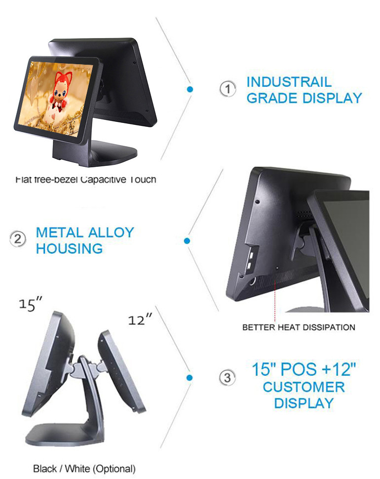 Black Color Dual Screen Retail Epos Systems Aluminium Alloy Housing For Small Business