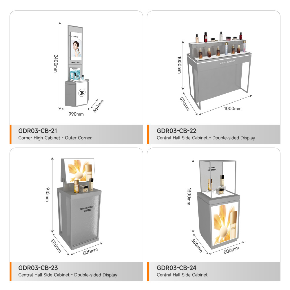 Display Cabinet Grey Wooden Central Hall Cabinet With Led Lights For Customized Store Design And Branding Shop Design