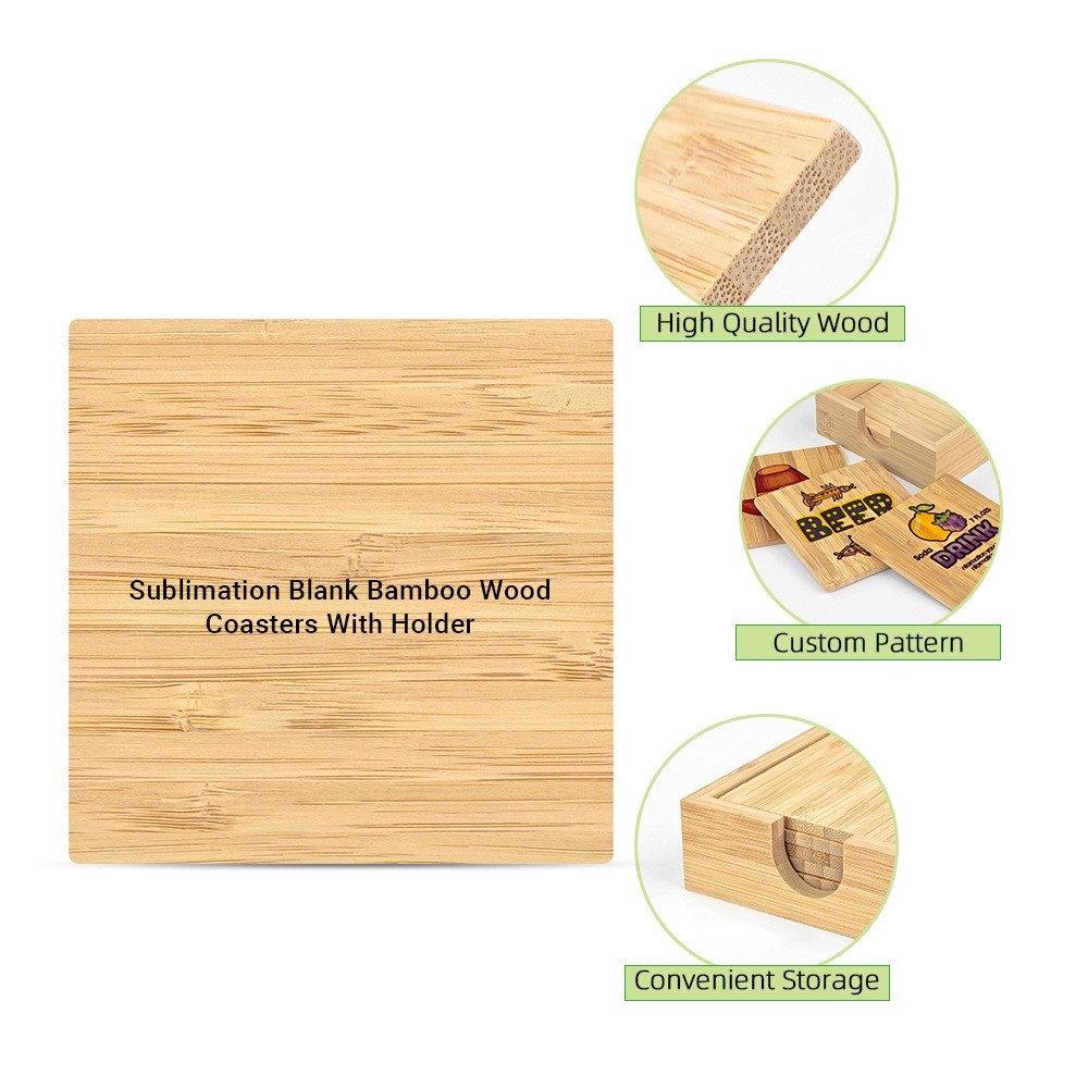 Sublimation Photo Printing Bamboo Coaster Set With Holder 10*10cm Thick 0.5cm