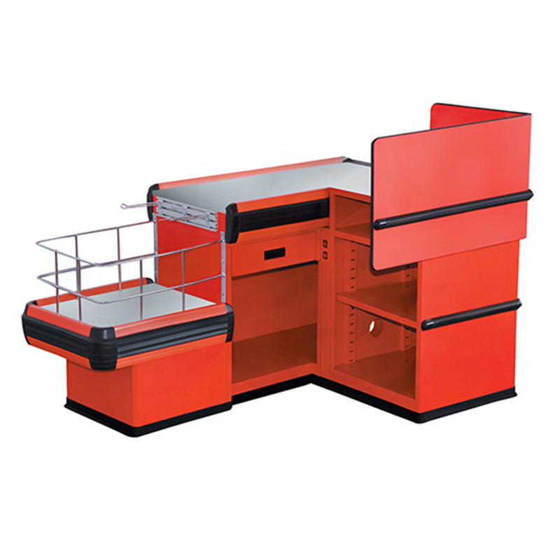2M 85CM Red Electric L Shaped Cash Wrap Counter With Conveyor Belt For Shop OEM