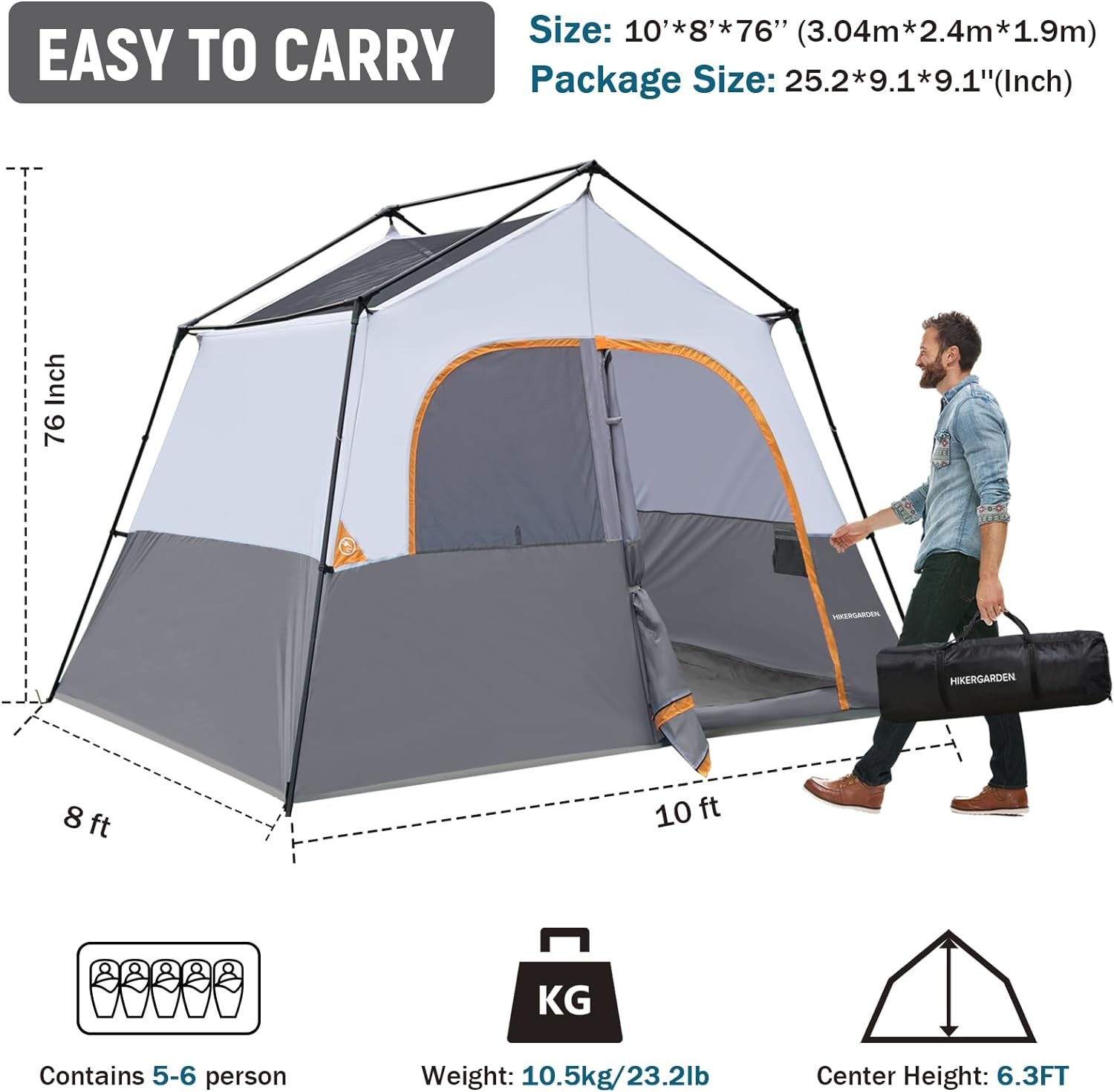 HIKERGARDEN 6 Person Camping Tent - Portable Easy Set Up Family Tent for Camp, Windproof Fabric Cabin Tent Outdoor