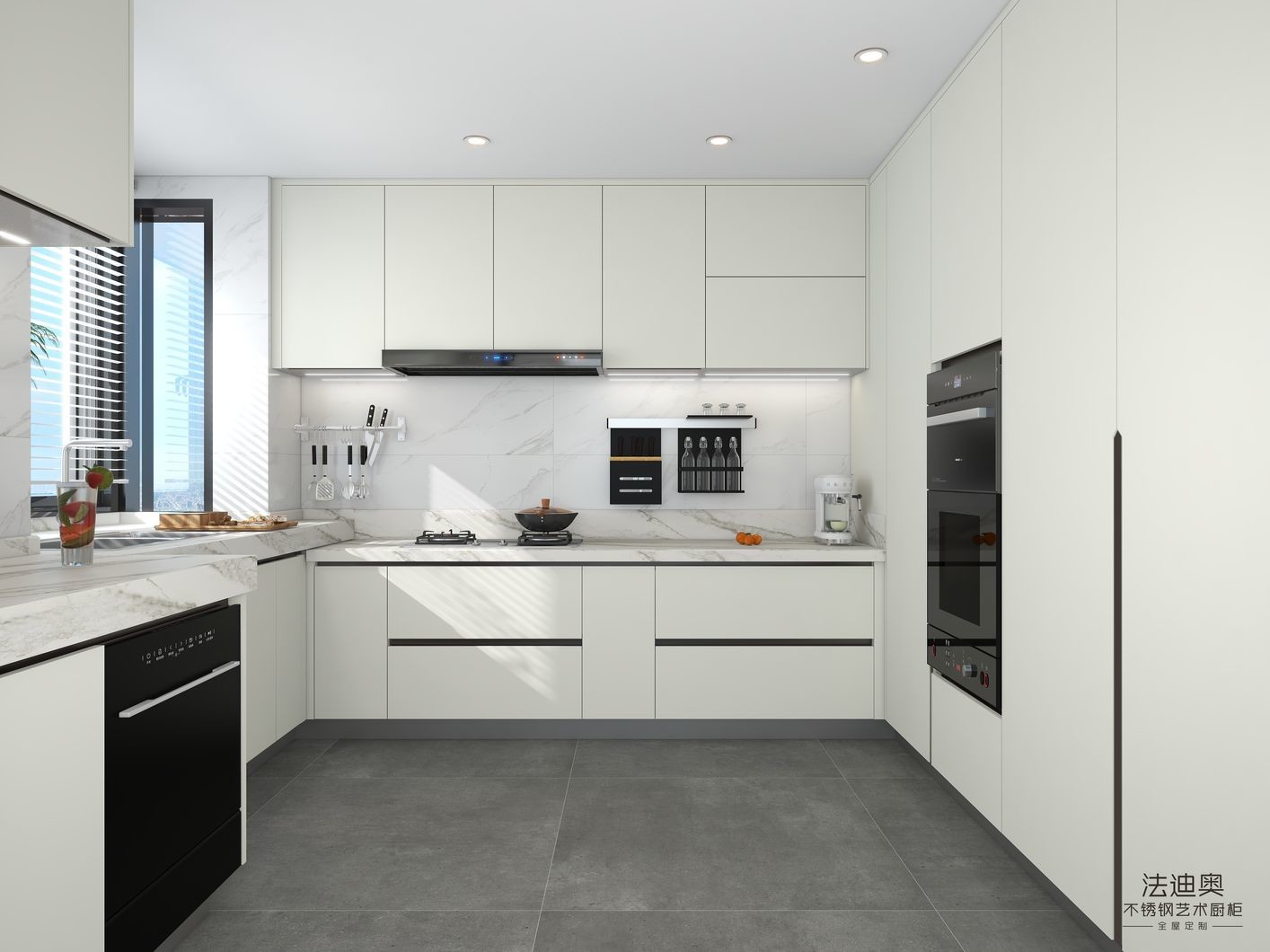 White Elegance Kitchen Cabinets With High-Low Sintered Stone Countertops