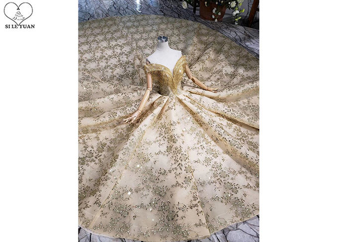 Gold Unique Vintage Prom Dresses Beads Tassels Heart Shaped Bust Shiny Lace
