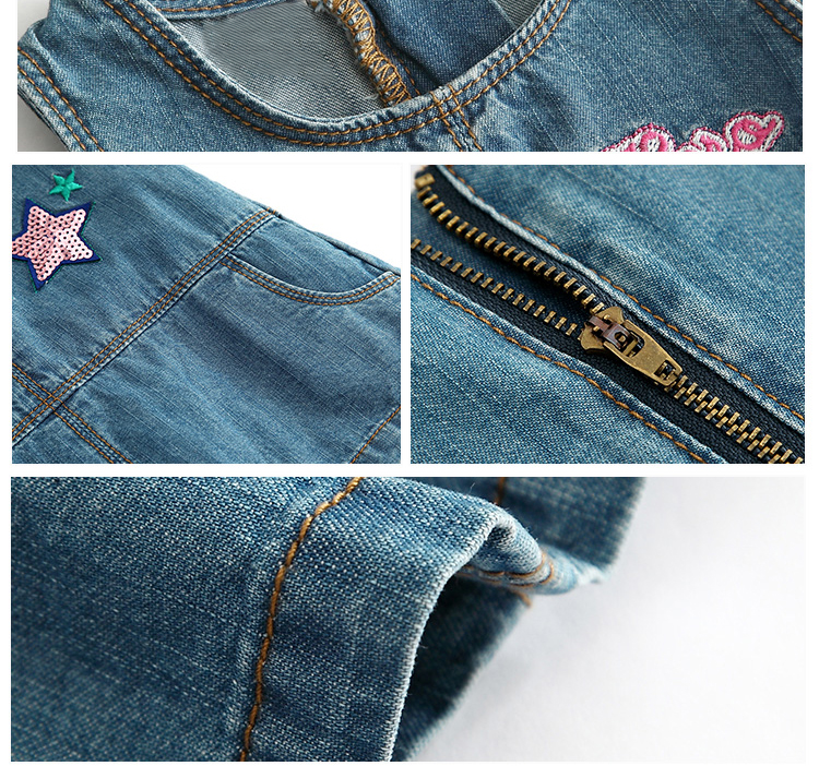 Summer Casual Baby Girl Denim Dress No Sleeves With Embroidery Sequin Patch