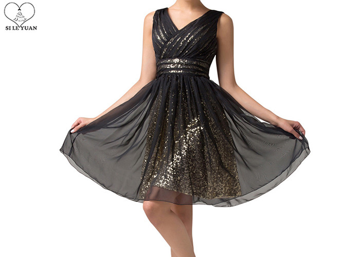 V Collar Chiffon Short Length Prom Dresses , Short Evening Gowns Gold Sequin