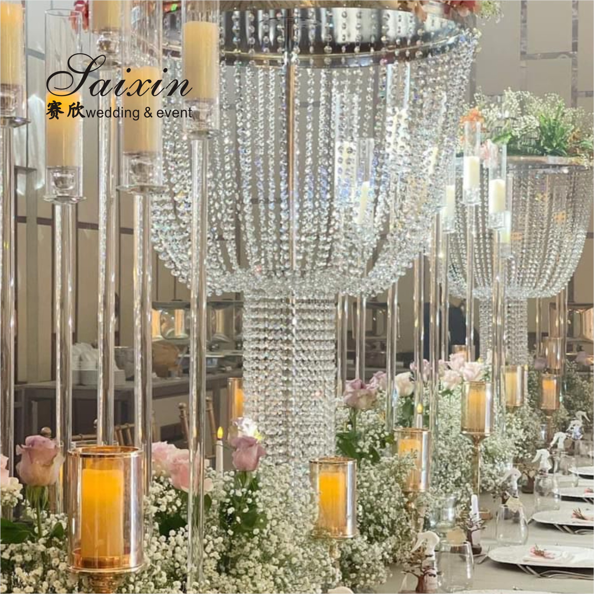 ZT-394 wedding decoration 6 arms cut glass cup tall gold color candle holder candelabras