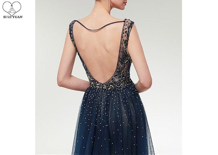 Tulle V Neck Ball Gown Backless / Long Tail Navy Blue Beaded Prom Dress