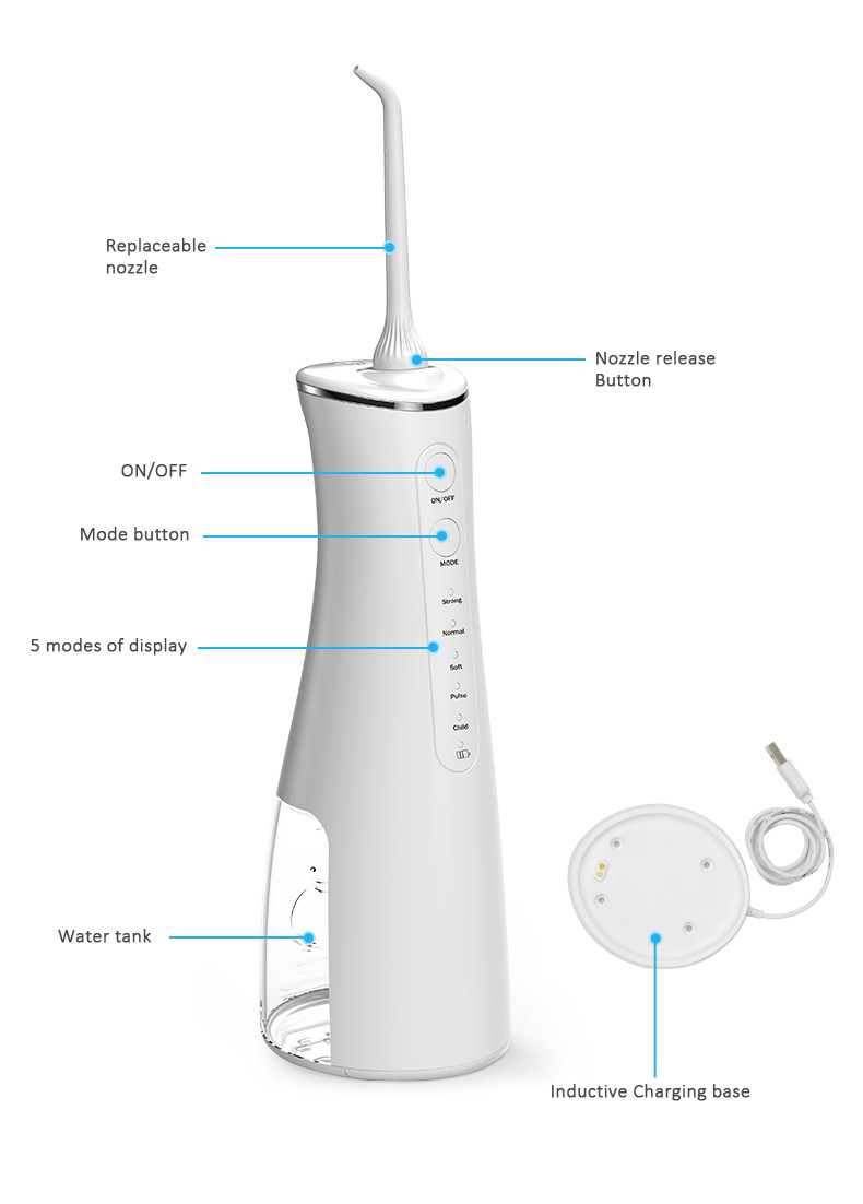 Cordless Durable Electric Oral Flosser , DC 5V Portable Power Floss Dental Water Jet