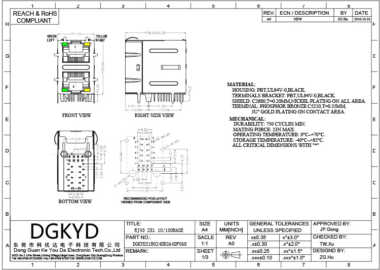 Shielded Right Angle 10P8C 2X1 RJ45 Multiple Port Connectors With LED