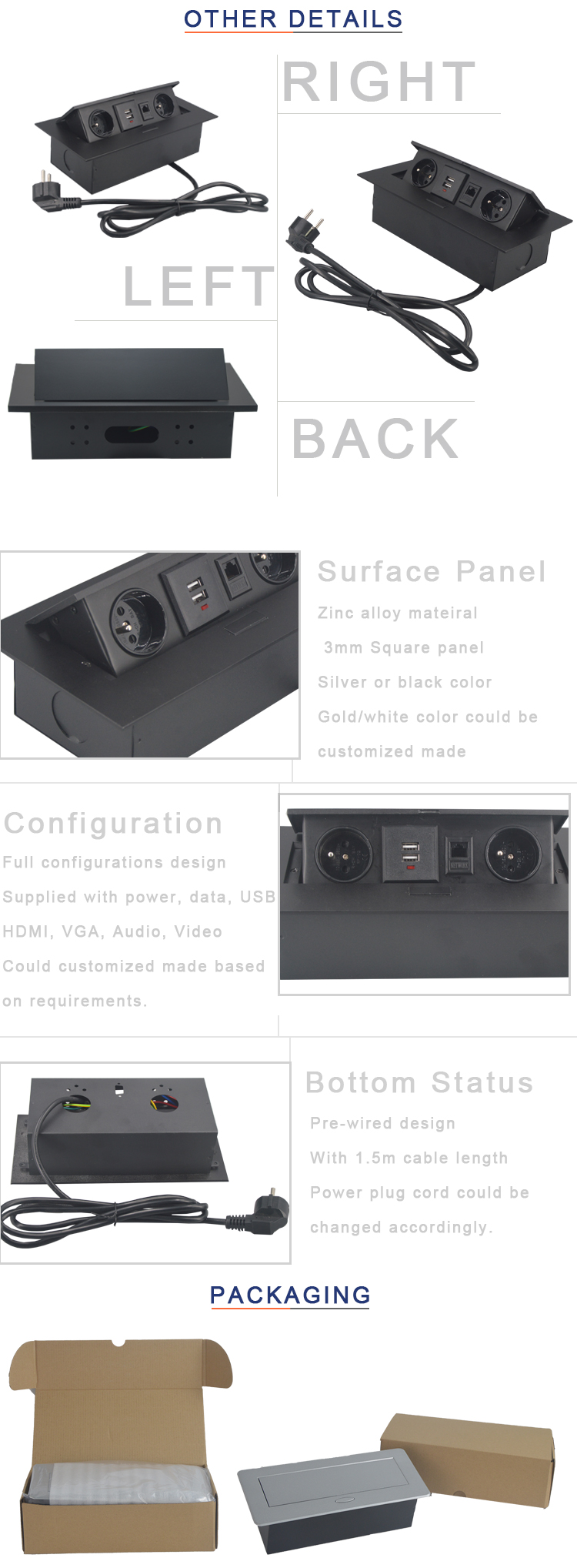 CE Rohs approved conference hidden table top power outlet with usb charger