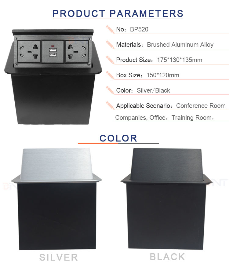 BNT Latest design cable management on desk socket with dual usb charger gas hydraulic pop up power socket