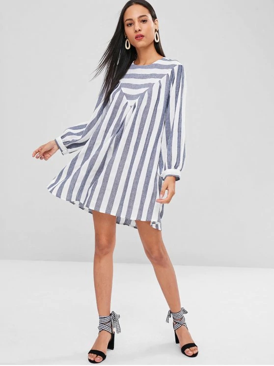 Fall Clothing Plus Size Gray Striped XL Tunic Mini Dress For Women
