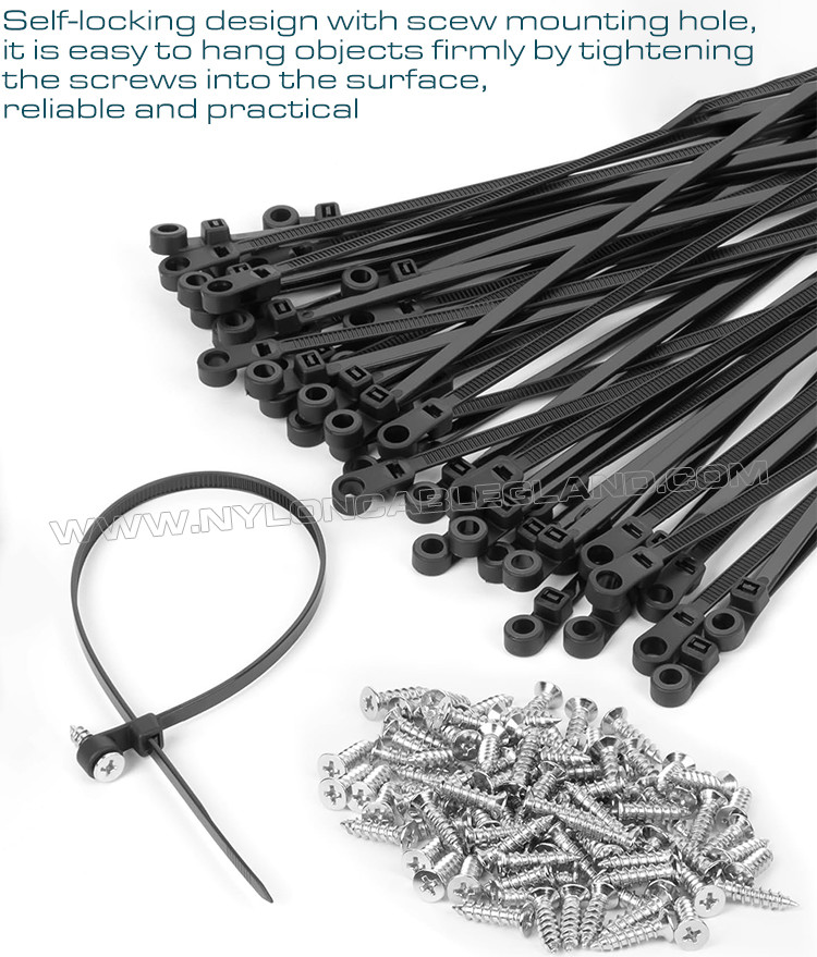 Mountable Head Nylon 6.6 Cable Tie 300mm x 7.6, Plastic Cable Tie 120 lbs with Screw Hole for Indoor & Outdoor