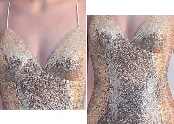 Sparkly Gold Sequin Mermaid Dress / Sexy Sling Backless Ball Gown Long Train
