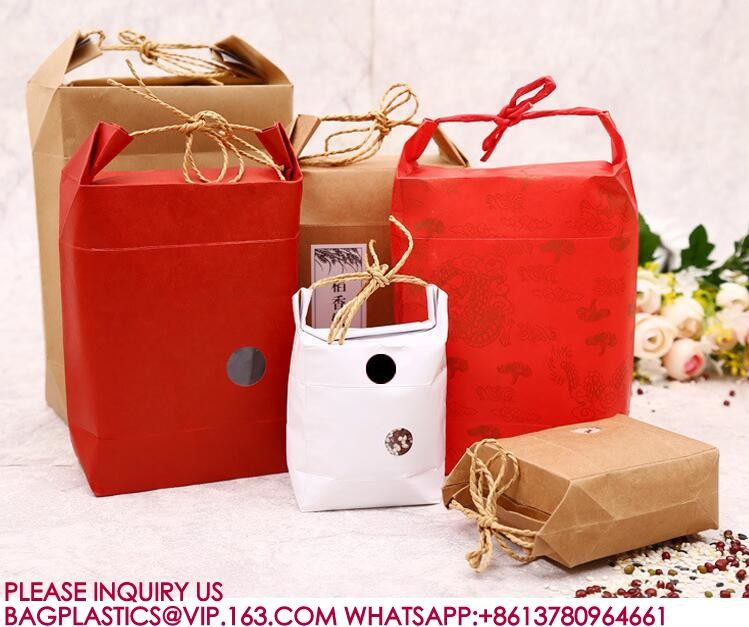 Stand Up Kraft Paper Pouch With String For Rice, Wheat Flour, Tea Leaves, Powders Packing
