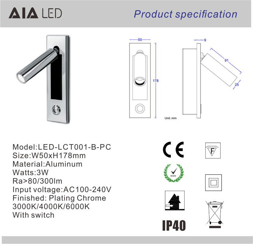 Contemporary embedded mounted Gold Brushed led wall lamps 3W led wall light led reading bedside wall light