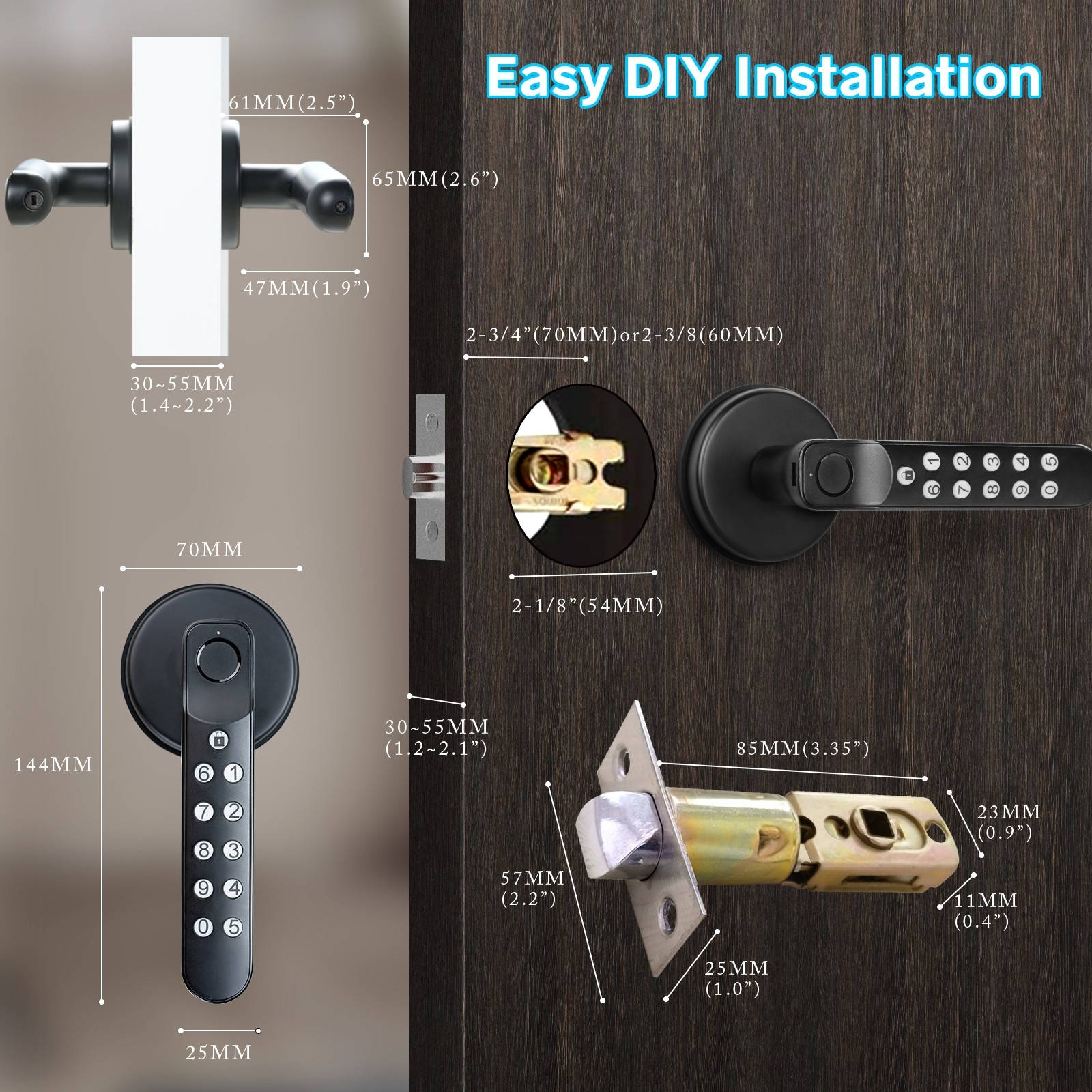 T02 Smart Fingerprint Door Knob, Keyless Entry Door Locks With Keypads, Backup Key, Smart Door Lock On Tuya App