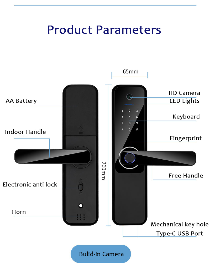 Biometric Password Smart Door Lock For 38mm-55mm Door Thickness
