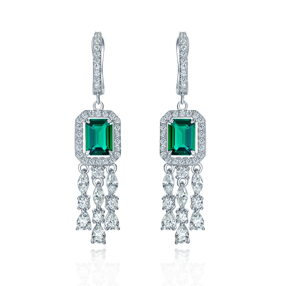 Green Gemstone Cubic Zirconia Long Drop Earrings For Wedding