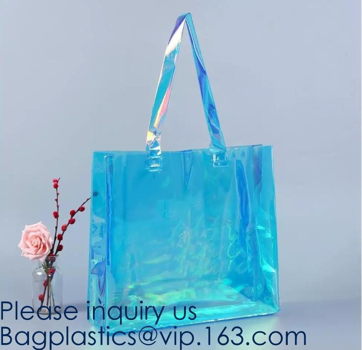 Waterproof All Over Printing PVC Coating Tote Shoulder Fabric Shopping Bag With Gusset And Lining,Jelly Clear Plastic PV