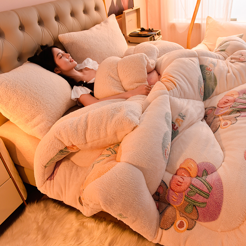 Customised Size Lamb Fleece Milk Velvet Quilt Thickened Super Warm Winter Bedding Set