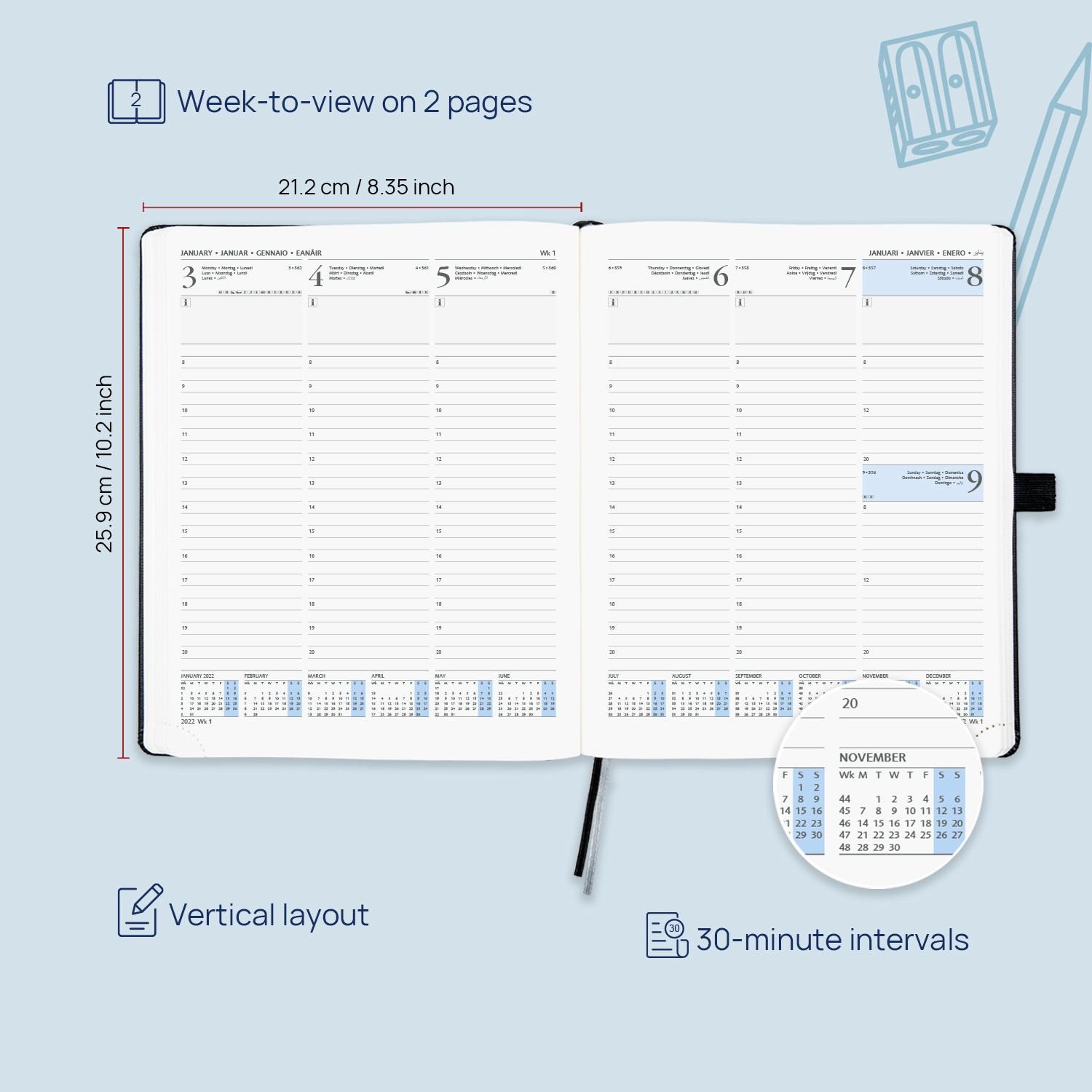 Vegan Leatherette Monthly Weekly Daily Planner 80GSM Ivory Paper