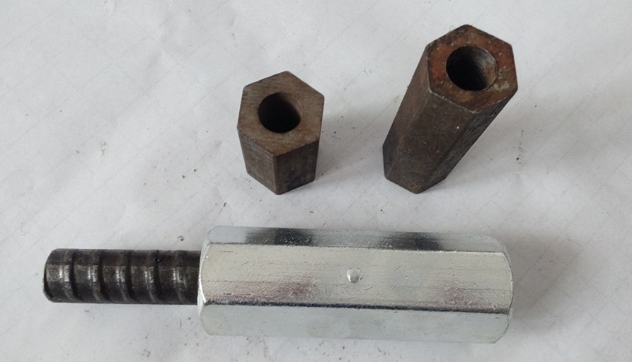 Weldable steel Hex nuts and couplers, connecting reinforcement bars, with center pin