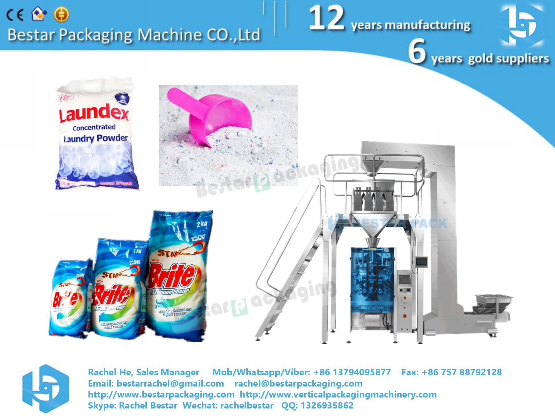 Stand pouch bag packing machine for washing powder, detergent powder, with spoon feeding