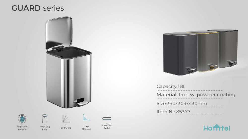 Rolling Cover Type 28L Stainless Steel Soft Close Square Pedal Trash Bin Foot Pedal Design For Living Room Office