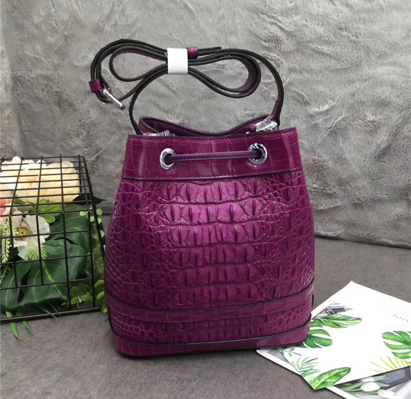 Authentic Crocodile Skin Drawstring Closure Women's Bucket Purse Exotic Alligator Leather Lady Small Tassel Shoulder Bag
