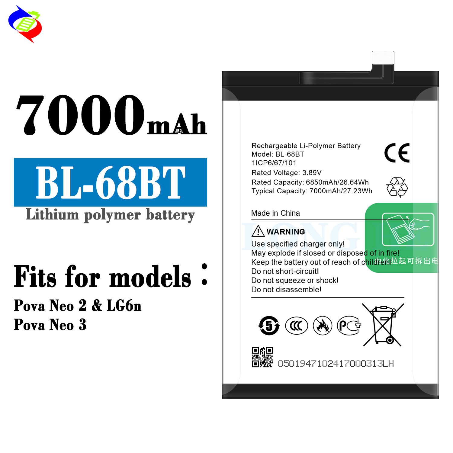 RECHARGABLE Replacement Battery For Tecno Pova Neo2/LG6n BL-68BT phone batteries 7000mAh