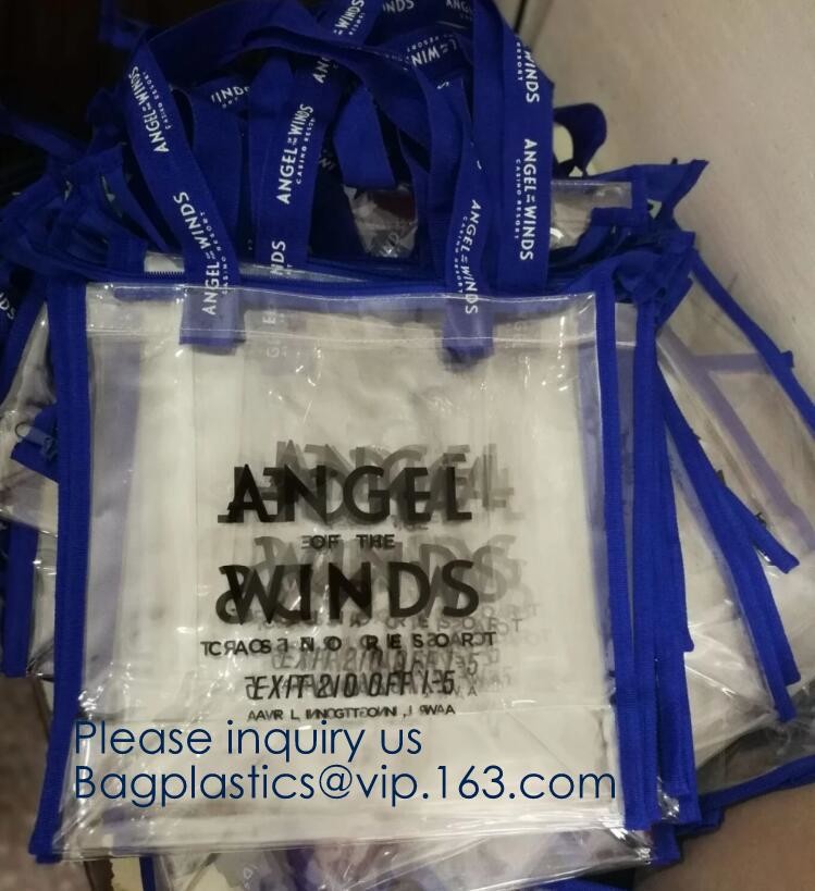 Waterproof All Over Printing PVC Coating Tote Shoulder Fabric Shopping Bag With Gusset And Lining,Jelly Clear Plastic PV