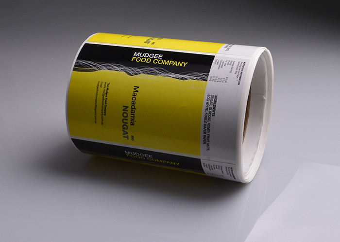 Glossy self adhesive paper Almond Macadamia Sour Cherry nougat food container packaging labels in roll