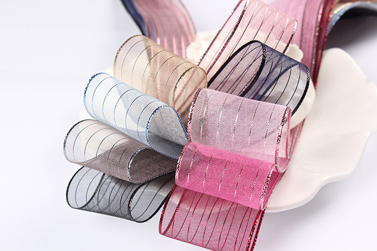 10mm-25mm Gold Line Striped Polyester Organza Ribbon for Gift Wrapping and Boxes Packing or Ribbon Bow