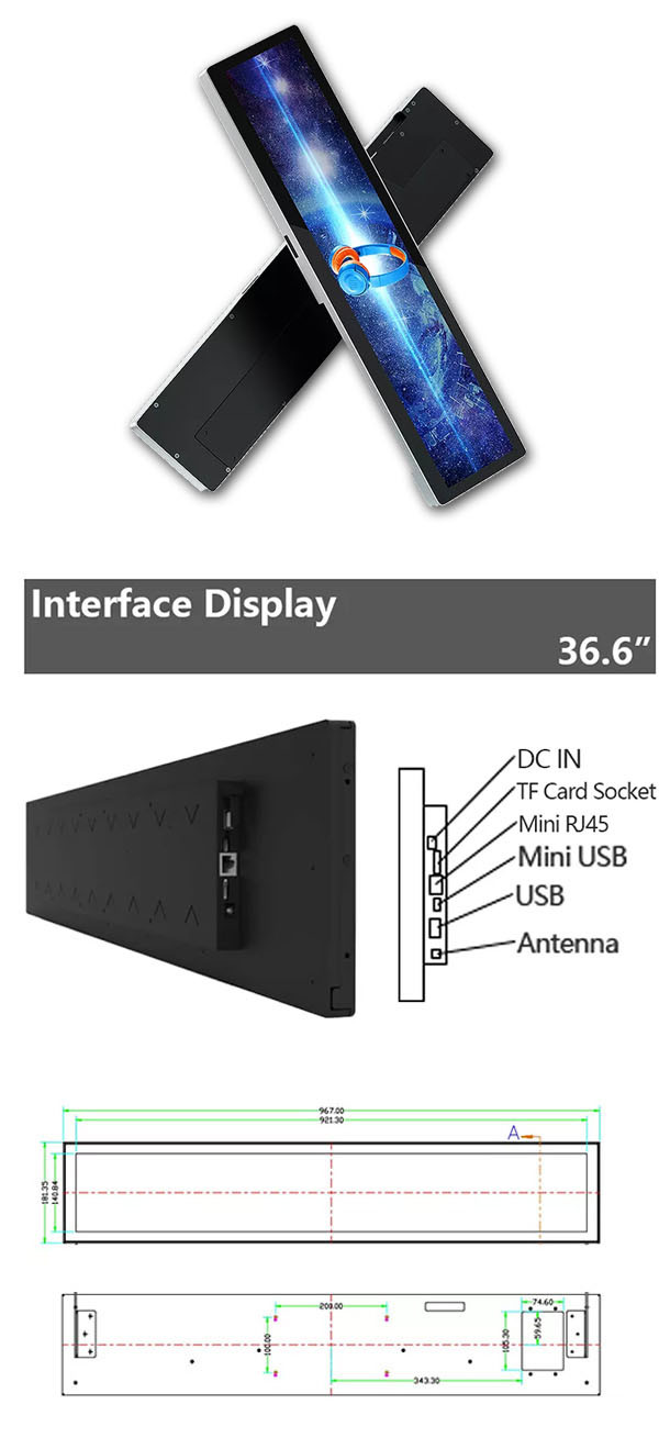 36.6 Inch Stretched Bar LCD Monitor 700nits 500nits 300nits 1920×290 For Bus Hospital