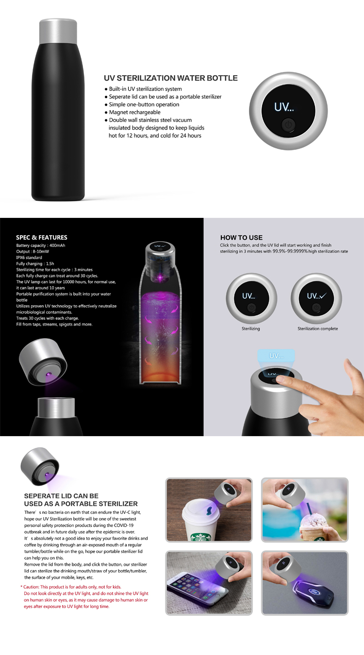 500Ml 304 Stainless Steel Ultraviolet Sterilizing Water Bottle